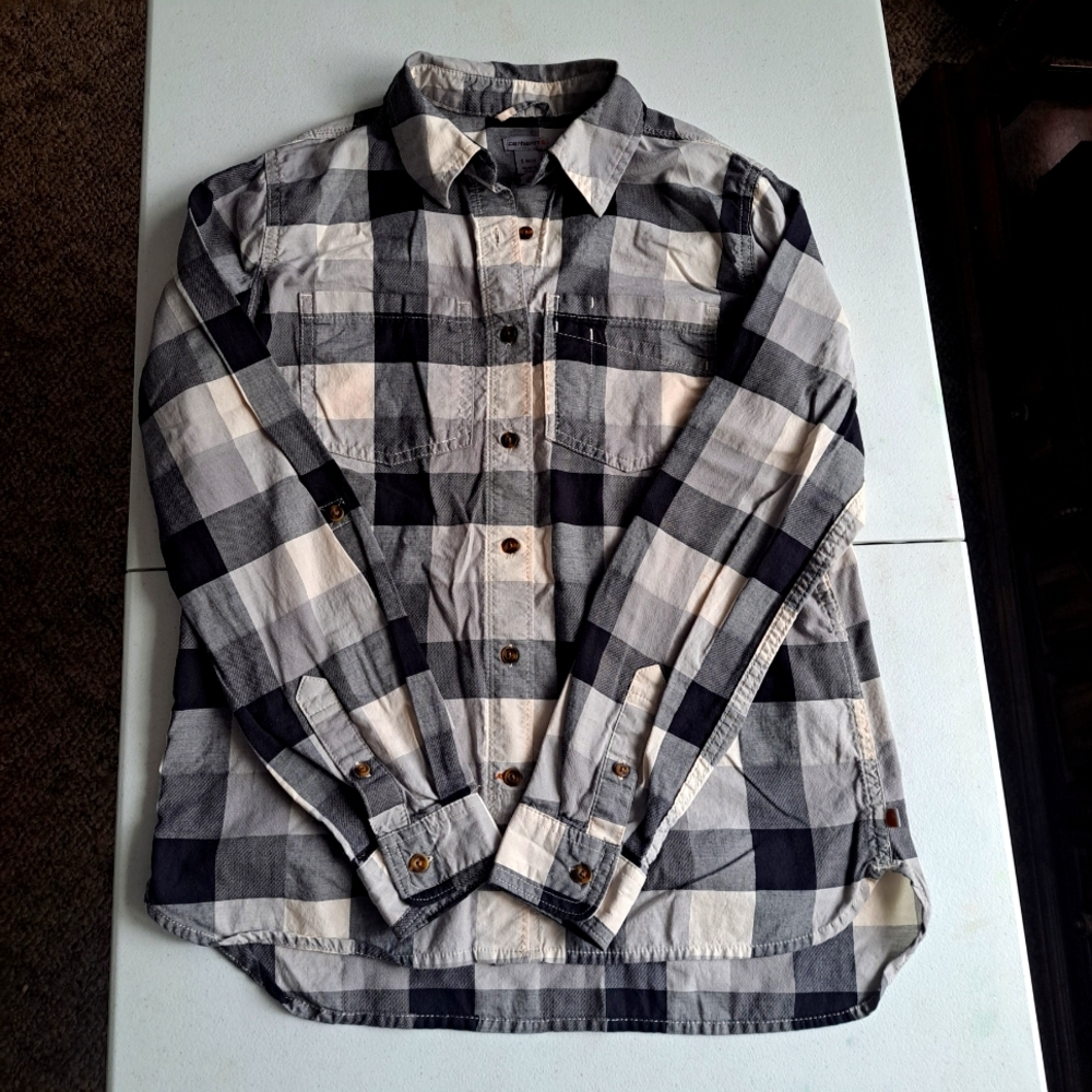 Carhartt Gray and White Plaid Button Down Shirt